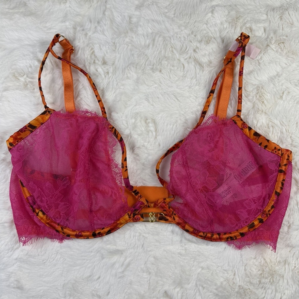 Victoria's Secret Very Sexy Unlined Tropical Satin Lace Demi Bra 34DD Fuchsia